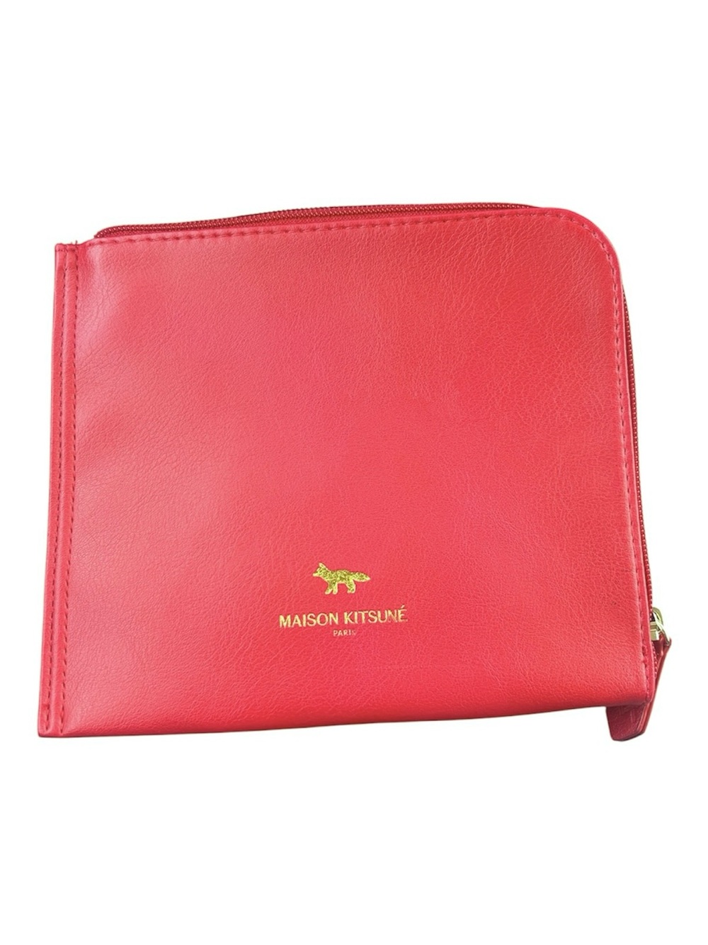 MAISON KITSUNÉ Red Leather Zip Pouch with Gold Fox Logo